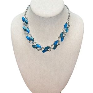 Silver Toned Blue Thermoset Rhinestone Necklace